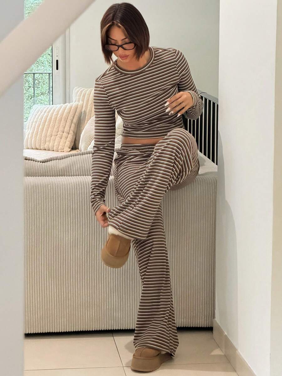 IamThia Damen Lässig Homewear Pyjama Set, beinhaltet gestreiftes Crew Neck Langarm T-Shirt und weite gestreifte gerade Hose, geeignet für den täglichen Gebrauch, Sport, Herbst/Winter - Braun - Übersicht 1