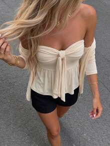 DAZY 2pcs Women Solid Color Casual Twist Camisole And Cardigan Set - Apricot - View 4