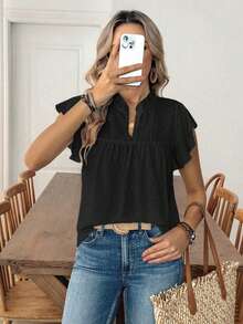 Louniche Women's Casual Vacation Solid Color Cutout Lace V-Neck Ruffle Sleeve Blouse, Spring/Summer - Black - View 3