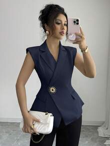 Elenzga Áo khoác không tay nữ thanh lịch, tối giản với khóa kim loại. - Màu xanh hải quân - Xem 7