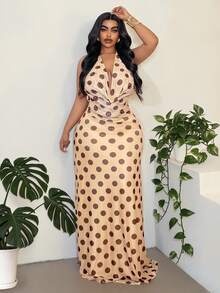 Maweii Polka Dot Print Draped Neck Sleeveless Vacation Dress - Yellow - View 5