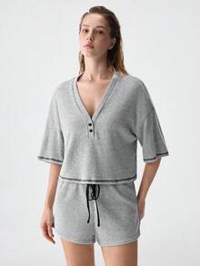 SHEIN Drop Shoulder Top-Stitching Knot Waist Lounge Set Outfit - Grey - View 3