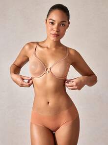 Deyllo 女士透视深V文胸，前扣式钢圈无衬垫交叉后背透气轻盈优雅日常内衣 - 駝色 - 查看 4