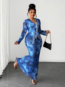 Maweii Plus Size Women Navy Blue Autumn Elegant Celestial Sexy 2 Pieces Set Knitted Net Tie Long Sleeve Asymmetric Hem Blouse Mermaid Skirt Outfit Wedding - Dusty Blue - View 7