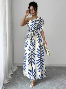 SHEIN Elenzya 女士优雅碎花泡泡袖系带修身连衣裙，蓝白相间，春夏款 - 藍色 - 查看 5