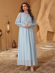 Al Najma 春夏船领奢华串珠水钻装饰喇叭连衣裙，显瘦 - 藍色 - 查看 5