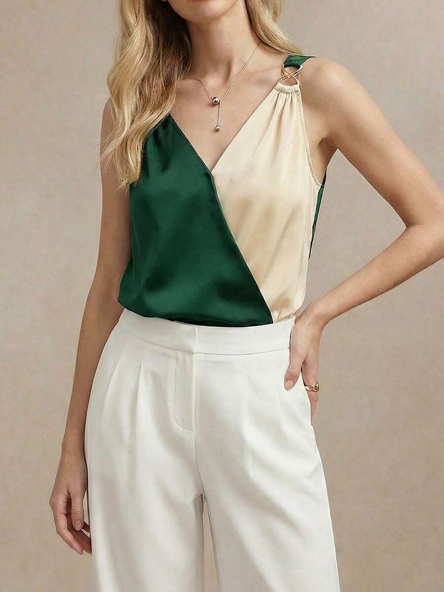 BizChic Spring/Summer New Solid Color Patchwork Metal Decor Casual Shirt, Chic Elegant Urban Commute Daily Versatile Romantic 90s Retro, Suitable For Christmas, New Year, Valentine's Day, Party, Beach, Graduation, Fashion, Festival, Holiday, Wedding Guest, Brunch, Airport, Multi-Occasion - Dark Green - View 1