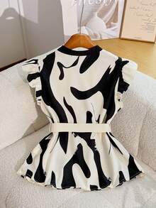 GlowEve 女士高领印花黑白配色腰带蝴蝶结腰带独特优雅短袖衬衫 - 彩色 - 查看 2