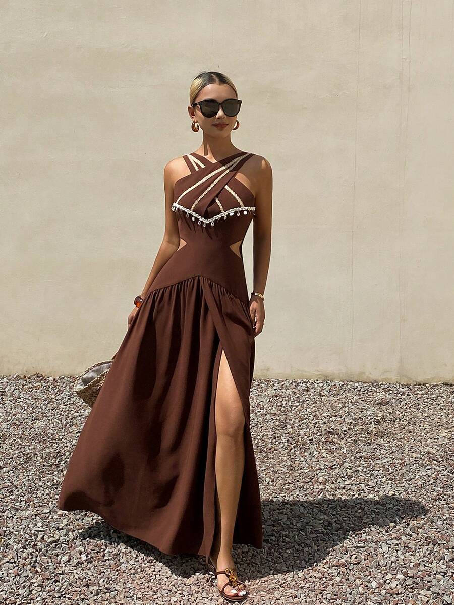 Women's Sleeveless Midi Dress With Contrasting Criss-Cross Design - Brown - View 1