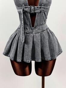 Mistrie Đầm denim nữ gợi cảm cổ yếm khoét rỗng với thiết kế khóa cài. - màu đen - Xem 6