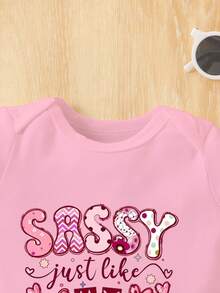 新生女宝宝可爱爱心字母印花短袖连体衣，夏季婴儿图案T恤套装 - 粉色 - 查看 4