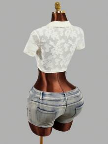 Mistrie Women's Cut-Out Short Sleeve Twist Design Cropped Sexy Blouse - Beige - View 2