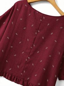 SHEIN EMERY ROSE CURVE Plus Size Embroidered Pattern Round Neck Long Sleeve Shirt - Burgundy - View 5