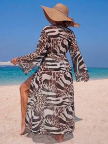 Swim Vcay Áo khoác ngoài dài đi biển họa tiết da báo dành cho nữ, áo kimono bằng chiffon với dây buộc eo và vạt xòe, thời trang và thanh lịch, phù hợp cho mùa xuân/hè. - Nhiều màu - Xem 2