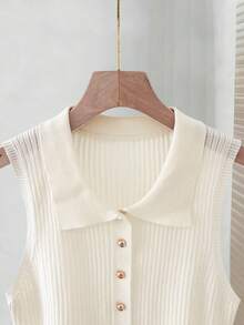 Franclia 女士春夏常规领纯白色金属纽扣休闲简约罗纹无袖开衫背心，女士夏季穿搭，女士沙滩装，女士休闲优雅上衣，女士度假装，女士社交上衣，白色上衣 - 米色 - 查看 3