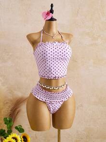 Swim Mod Bộ bikini hai mảnh họa tiết chấm bi hoa lá ngọt ngào dành cho nữ, trang phục đi biển dễ thương. - Hồng - Xem 5