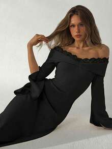 Aloruh Apricot Color Knit Off-Shoulder Long Dress For Women - Black - View 5