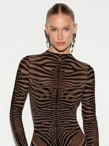 KIZN Zebra Print Long Sleeve Mock Neck Mini Bodycon Dress Sheer Mesh Animal Print Party Club - Chocolate Brown - View 5