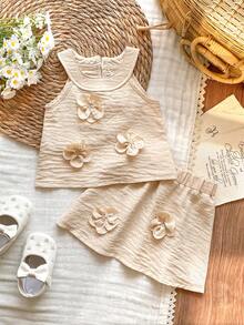 SHEIN Vintaside Kids 女婴纯色3D立体花朵吊带背心和A字短裙两件套，3D立体花朵装饰增添无限童趣，时尚设计 - 卡其色 - 查看 4