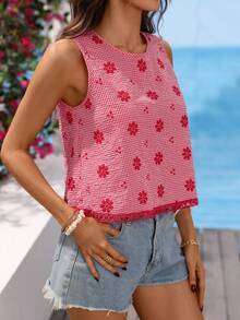 Vivid Eden Áo sơ mi nữ cổ tròn, phối họa tiết, viền bèo nhún, chất liệu vải, thích hợp cho kỳ nghỉ. - Đỏ - Xem 9