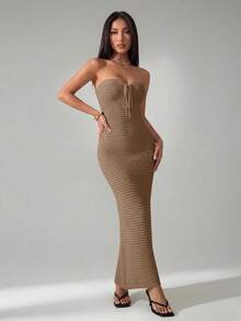 SHEIN PETITE Vestido tubo de ganchillo hecho a mano, de ajuste ceñido, romántico y de vacaciones de verano, adecuado para citas, vacaciones, uso diario casual y elegante en otoño/invierno - Camel - Ver 6