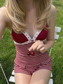 CovetEZ Women Striped Camisole And Shorts 2 Pieces Casual Set Cute Two Piece Set Cute Matching Sets Cute Sets For Vacation Matching Summer Sets Striped Bikini Set - Red and White - View 2