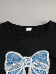 SHEIN Elladie kids 2件套少女休闲T恤和工装裤套装，蝴蝶结刺绣图案圆领短袖T恤和裤子，春夏时尚套装 - 藍色 - 查看 4