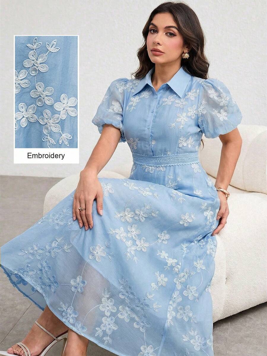 Modelyn Plus Size Elegant Floral Embroidered Dress, Summer - Blue - View 1