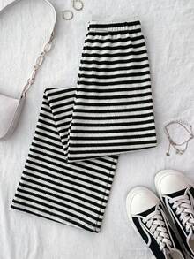 Teen Girl Knitted Striped Drawstring Waist Casual Pants Black And White Clothes For Tween Girls - Black and White - View 2