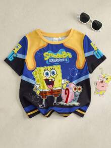 SpongeBob SquarePants | SHEIN 男童休闲圆领短袖T恤，带图案 - 藍色 - 查看 2