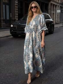 FRIFUL Women's Allover Print Waist Splice Pleated Loose Casual Versatile Spring Long Robe Robe Wedding Guest Dress Sundress - Blue - View 14