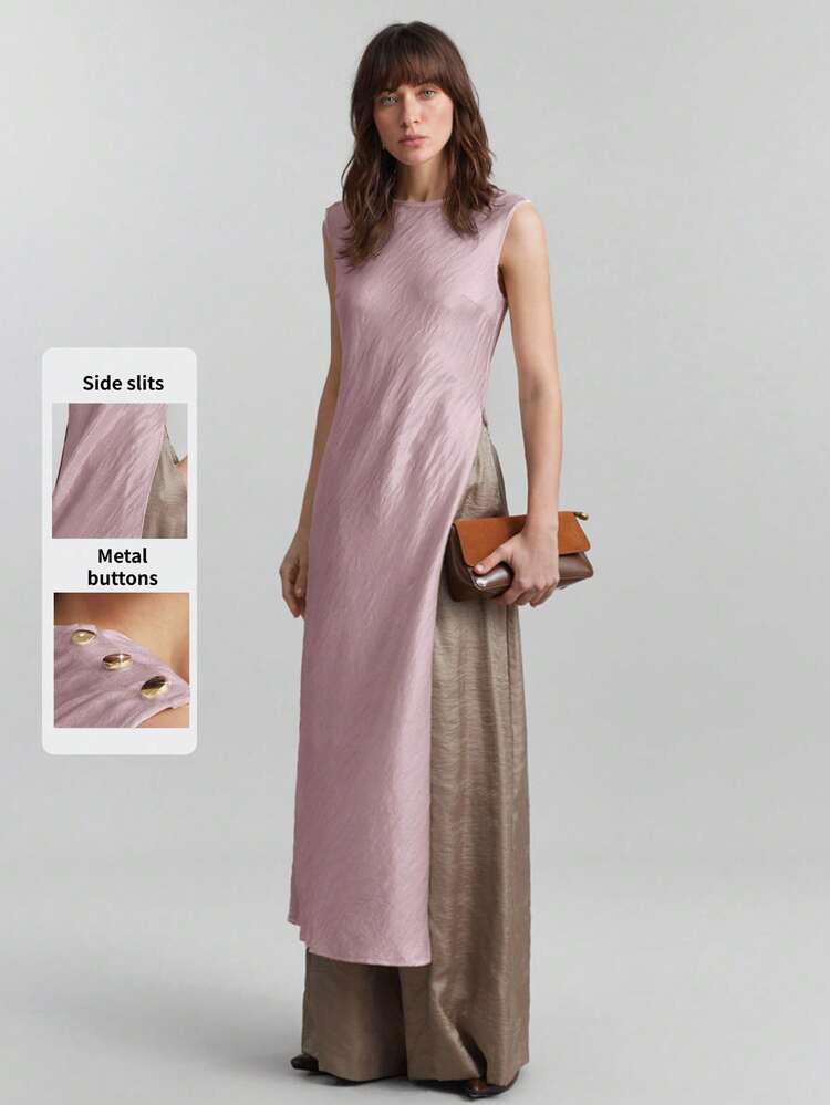 Women's Wrinkle-Effect Satin Poplin Fabric Small Collar Off Shoulder Round Neck Shoulder Seam Open Design Side High Slit Sleeveless Long Top, Urban Commute Business Casual Elegant Blouse, Suitable For Holiday, Party, Wedding Guest, Summer,Summer Top