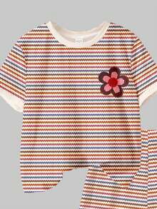 两件套多巴胺彩色条纹复古花卉刺绣印花休闲圆领短袖T恤和短裤套装，舒适贴身，适合年轻女孩，春夏日常穿着、外出、度假、复活节等场合。 - 彩色 - 查看 5