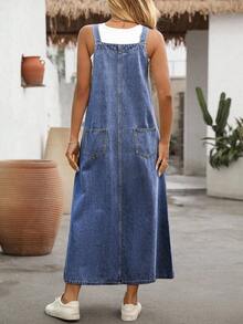 EMERY ROSE 大码女式纽扣设计休闲宽松牛仔连体裤连衣裙 - 藍色 - 查看 2