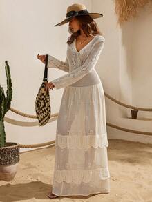 Ecru Knit Dress With Tiered Skirt Detail - Cream - View 2