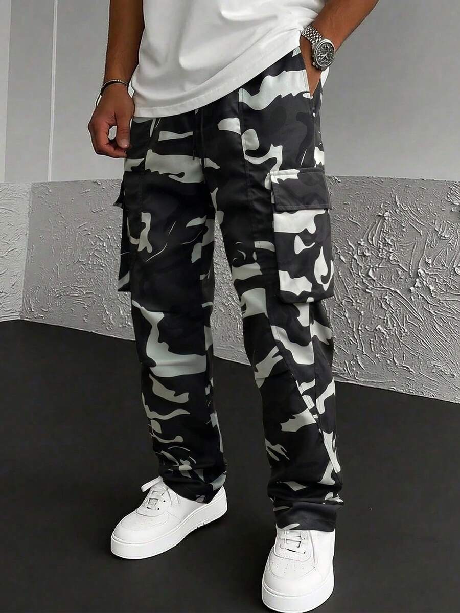 Manfinity Homme Quần cargo nam dáng rộng, có túi nắp bên hông và dây rút ở eo. - Màu xám đen - Xem 1