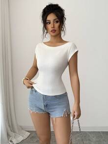 Elenzga Textured Fabric One-Shoulder T-Shirt, Versatile Summer Design - Apricot - View 5