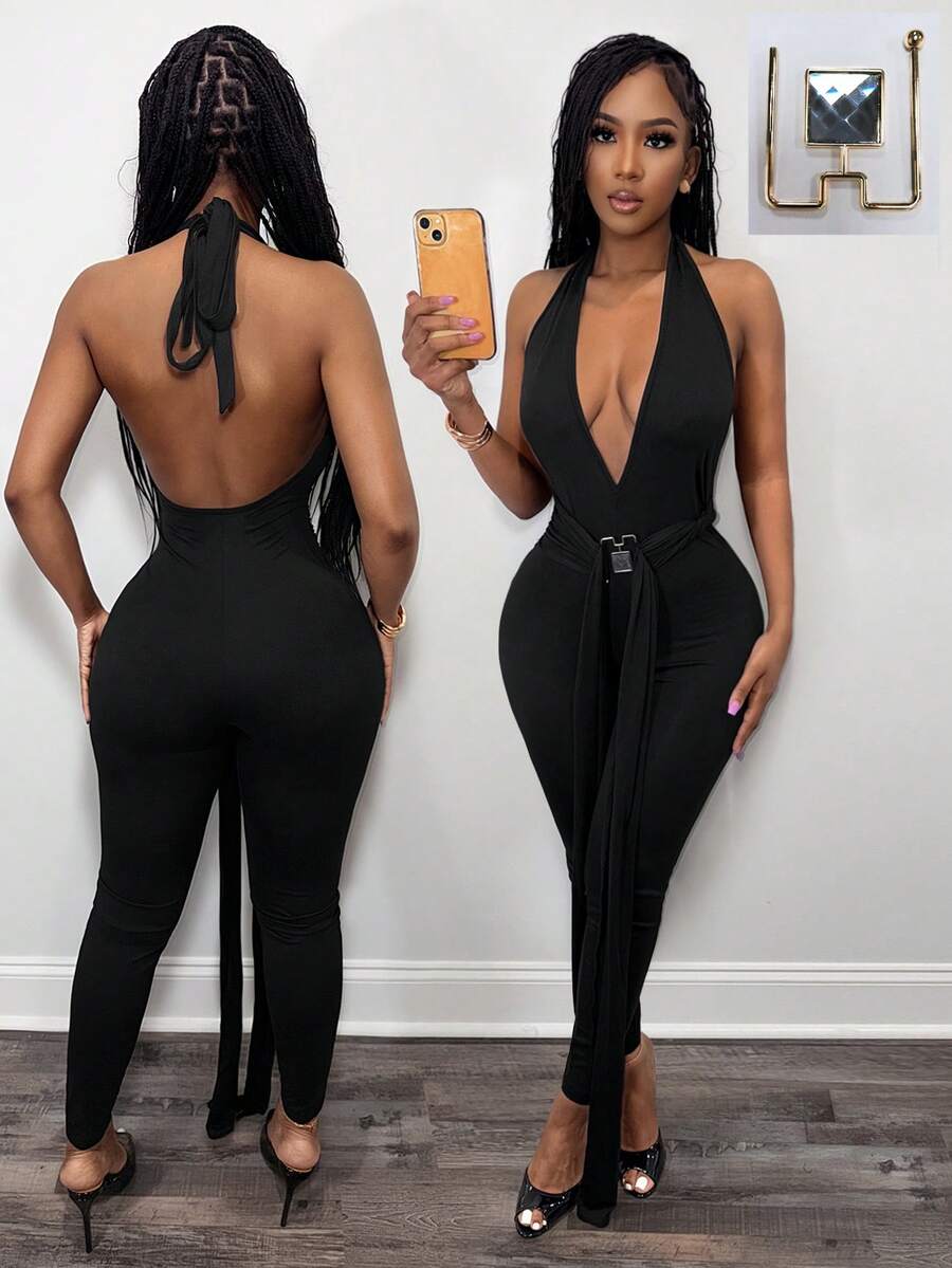 BamGleam Women's Fashionable Sexy Deep V-Neck Backless Halter Jumpsuit Babyphat Baddie Halter Neck Strap, Open Back - Black - View 1