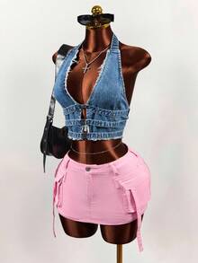 Slaydiva Women's Solid Color Casual Denim Shorts - Pink - View 5
