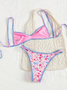 Swim Mod Nuevo conjunto de bikini de dos piezas con volantes de color contrastante, estilo floral dulce europeo y americano, de cuello halter y espalda descubierta, con tanga de corte alto, traje de baño sexy para playa, vacaciones y fiestas - Multicolor - Ver 2