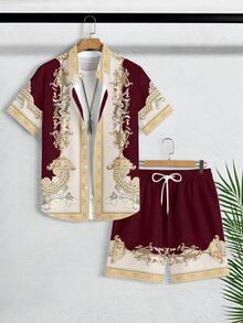Zalmeno Bộ đồ nam gồm áo sơ mi ngắn tay in hoa và quần short, kiểu dáng thường ngày, thích hợp cho kỳ nghỉ. - Màu Đỏ Sâu - Xem 1