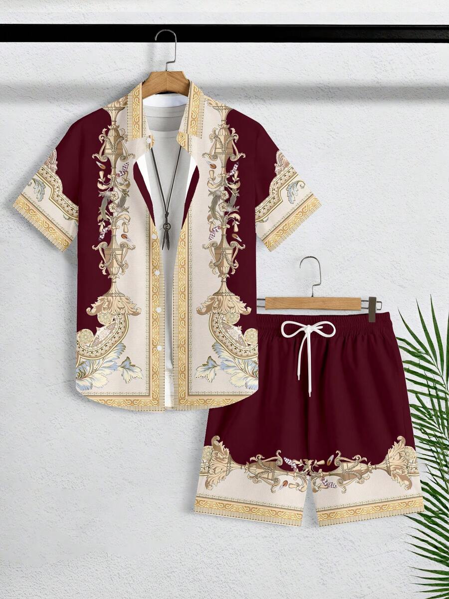 Zalmeno Bộ đồ nam gồm áo sơ mi ngắn tay in hoa và quần short, kiểu dáng thường ngày, thích hợp cho kỳ nghỉ. - Màu Đỏ Sâu - Xem 1