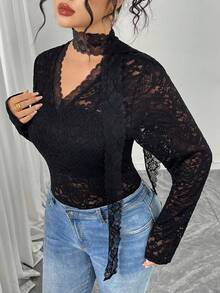 Modelyn Plus Size Women Lace Patchwork Fitted Versatile Knit Collar Top, Elegant For Spring/Summer - Black - View 4