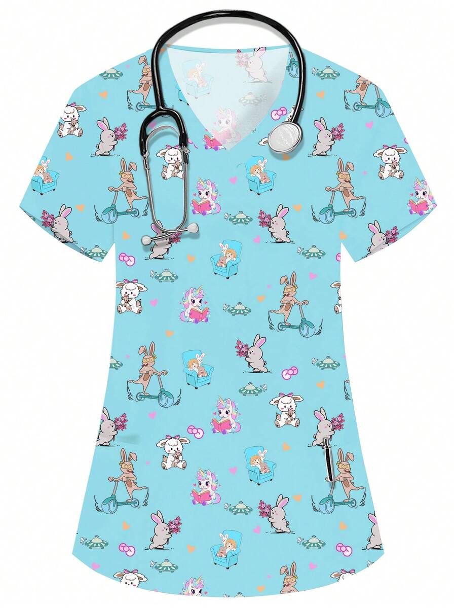 PopScrub Áo đồng phục y tế nữ màu xanh dương cổ chữ V tay ngắn hai túi họa tiết hoạt hình dễ thương, in hình thỏ, thích hợp cho y tá/bác sĩ/bác sĩ thú y/chuyên gia dinh dưỡng/nhân viên phòng thí nghiệm, thiết kế nhiều túi tiện dụng, đáng yêu. - Màu xanh lam - Xem 1
