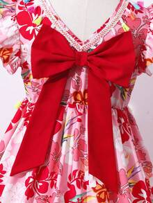 Tween Girls'pink Floral Summer Cute Party Dress,Elegant Big Ruffle Sleeve V-Neck Back Big Bow Decor Vacation Style Colorful Printed Patchwork Dress - Multicolor - View 5