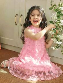 女童无袖纯色立领3D蝴蝶网纱连衣裙，优雅可爱，适合派对和玩耍，夏季 - 粉色 - 查看 4