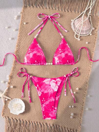  Swim Vcay-D Women's Printed Spaghetti Strap Front Pearl Decor Criss-Cross Back Bikini Two Pieces Swimsuit