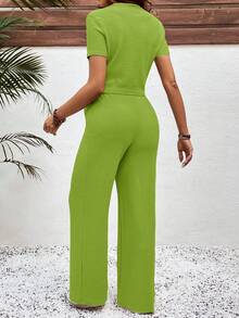 SHEIN Conjunto de 2 piezas de top de manga corta y pantalones de unicolor minimalista para maternidad - Mostaza Amarilla - View 2