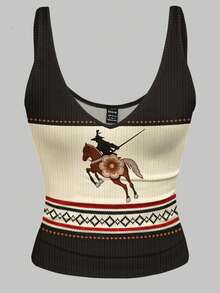 女士时尚印花罗纹背心 - 黑色 - 查看 3