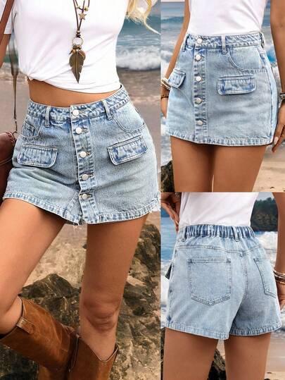 Breezaya Váy quần denim dáng rộng, đa năng, tối giản, phong cách retro dành cho nữ cỡ lớn.